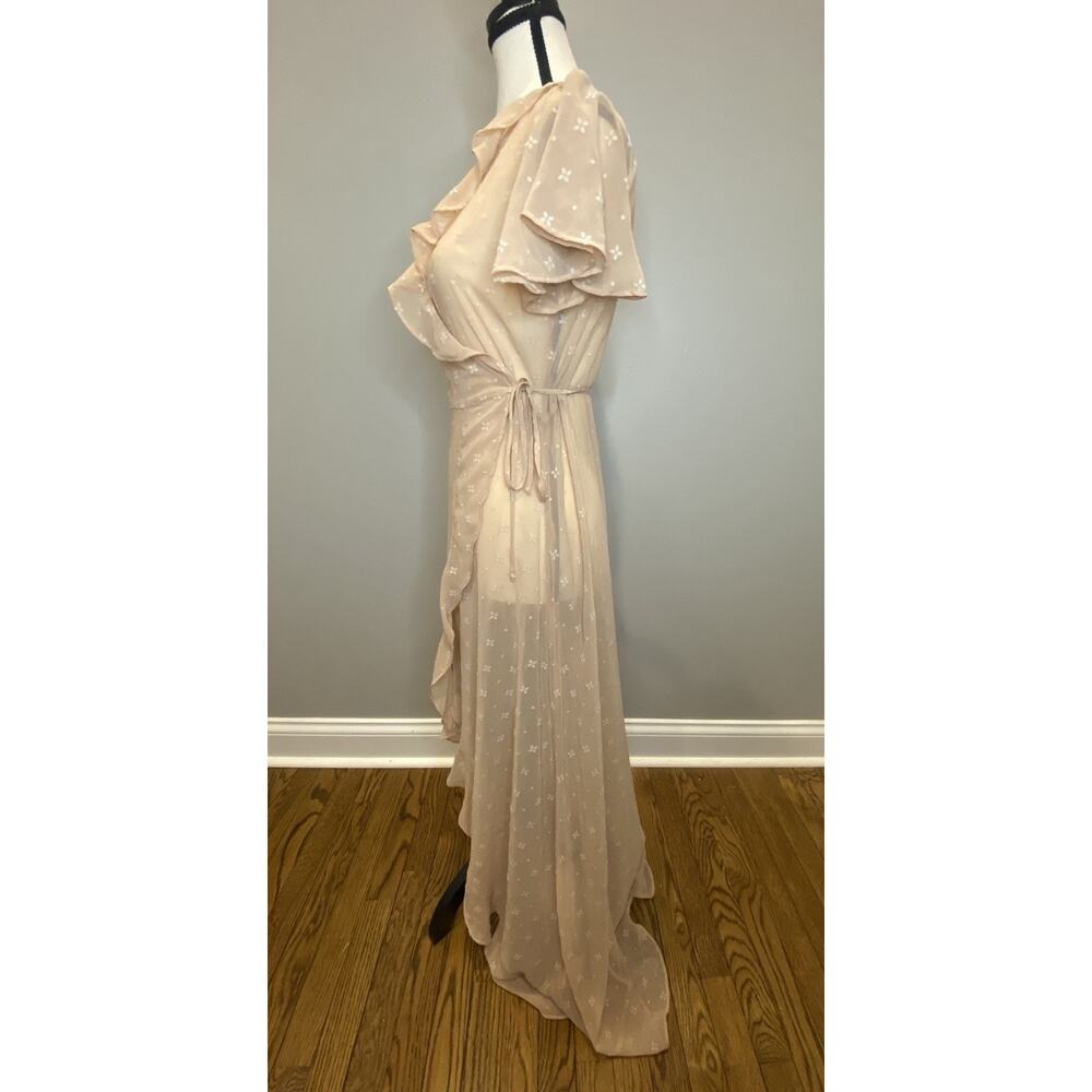 GB Peach Floral Chiffon Wrap Dress Ruffle Midi Maxi Tie Waist Womens S - Picture 3 of 6